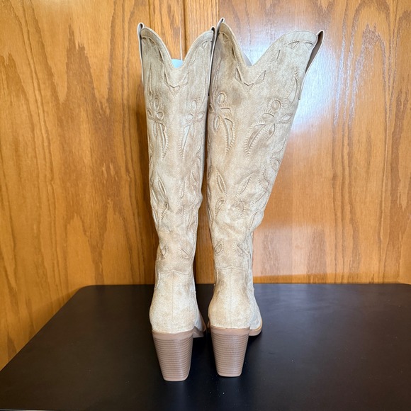 ISNOM Sz 10 Women Tan Faux Suede Western Cowboy Boots Embroidered NIB - Picture 6 of 9